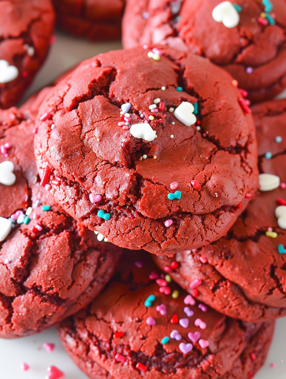 Red velvet cake mix cookies with white and pink sprinkles.