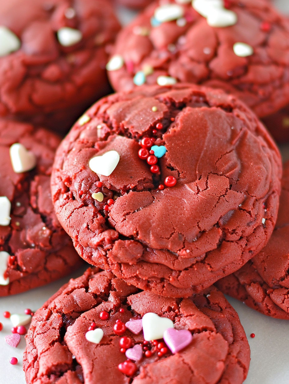 Red velvet cake mix cookies with sprinkles.