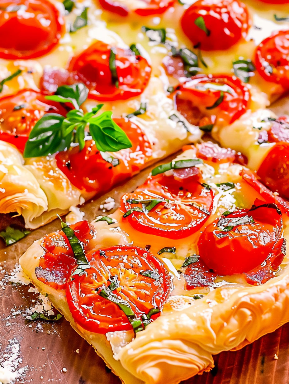 A pizza with tomatoes and basil on it.