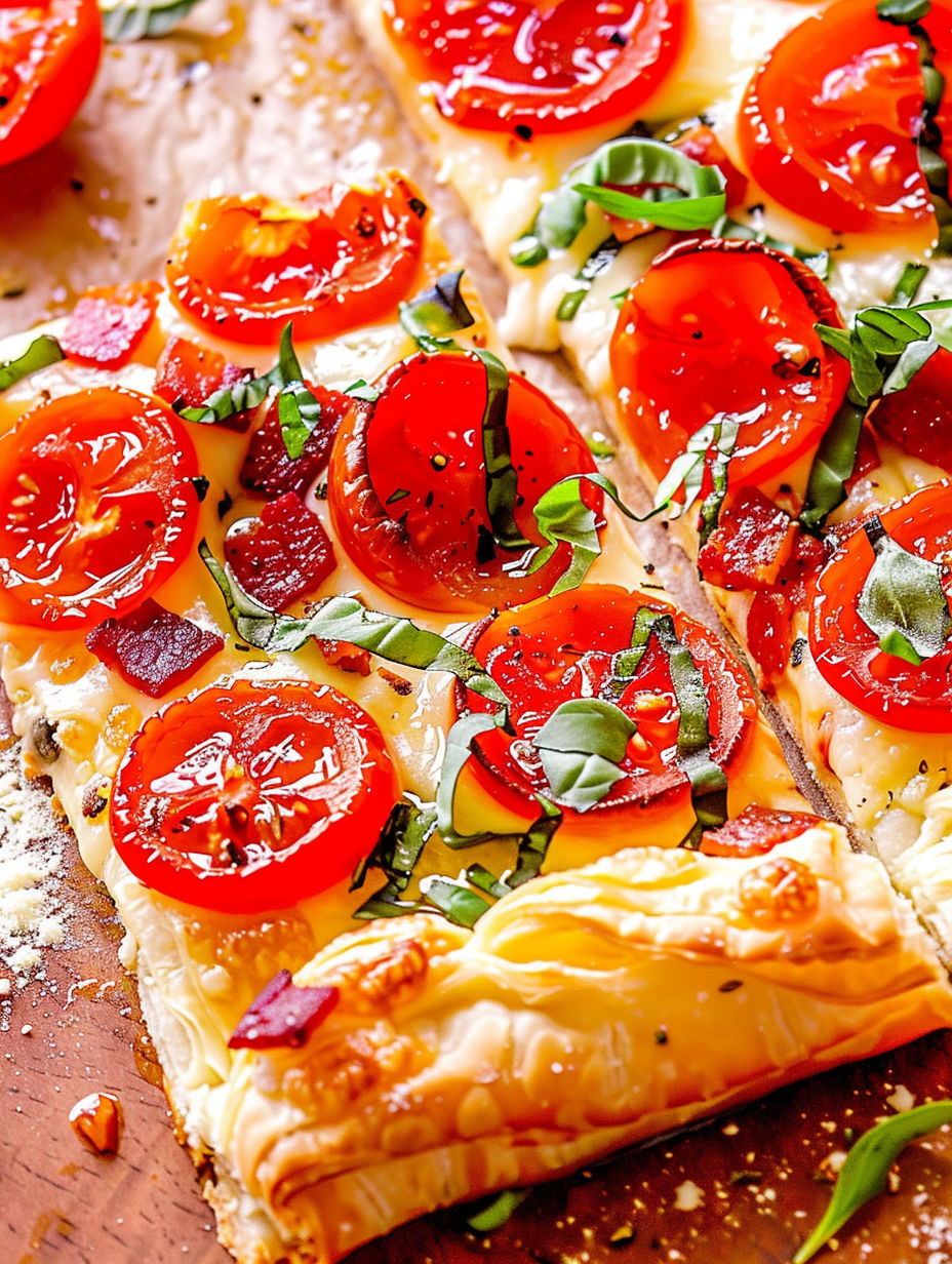 A pizza with tomatoes and basil on it.
