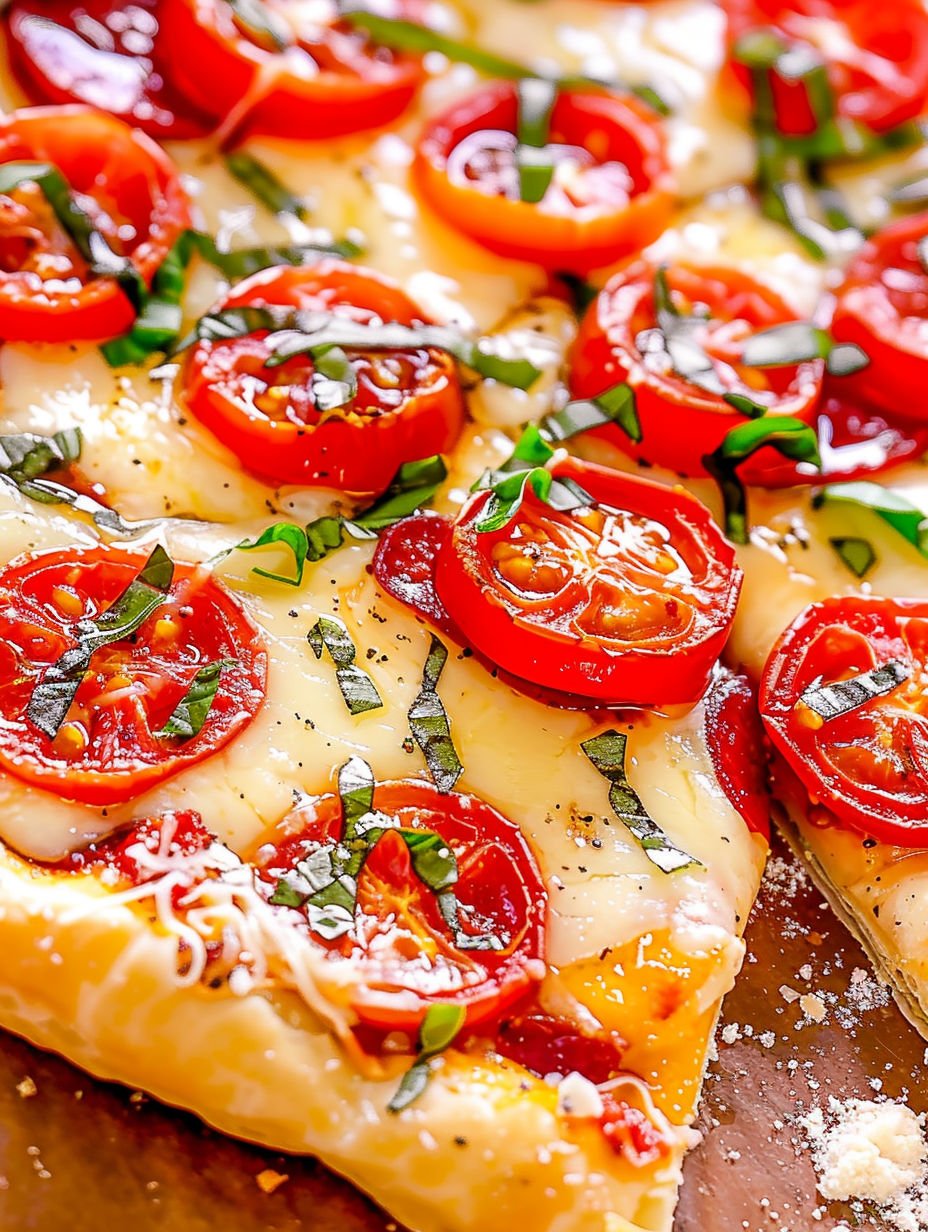 A pizza with tomatoes and basil on it.