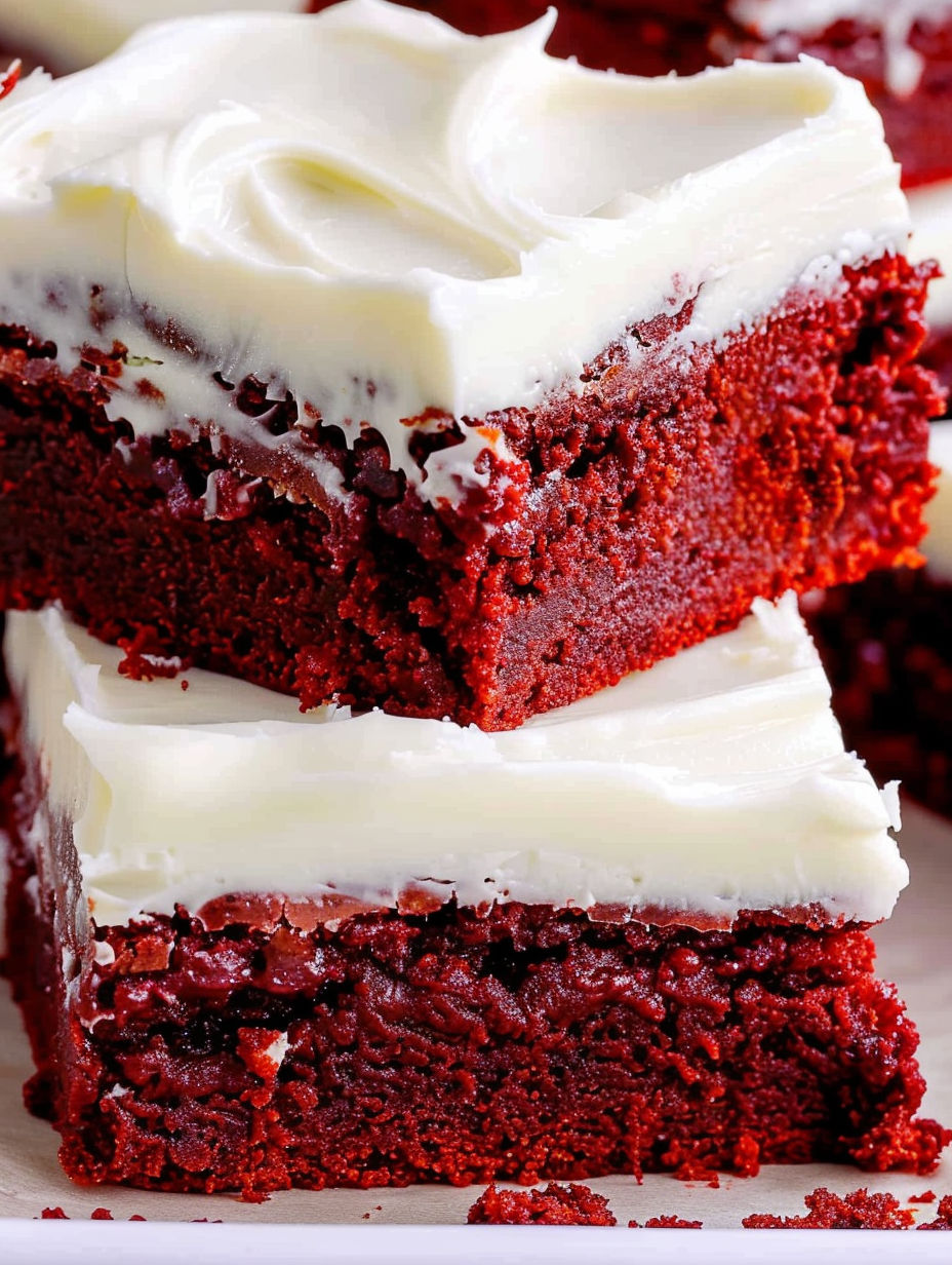 A slice of red velvet cake with white frosting.