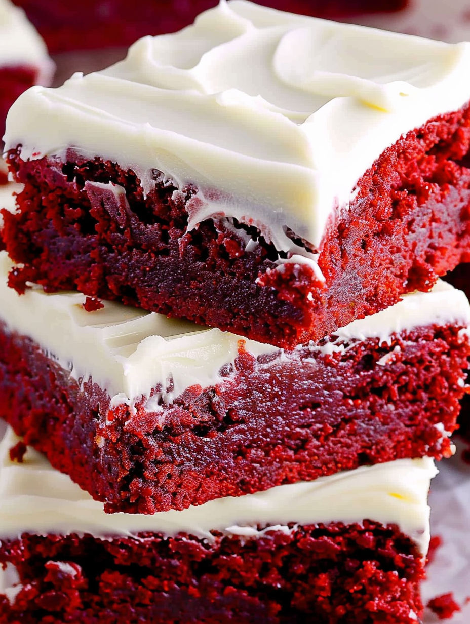 A close up of a red velvet cake with white frosting.