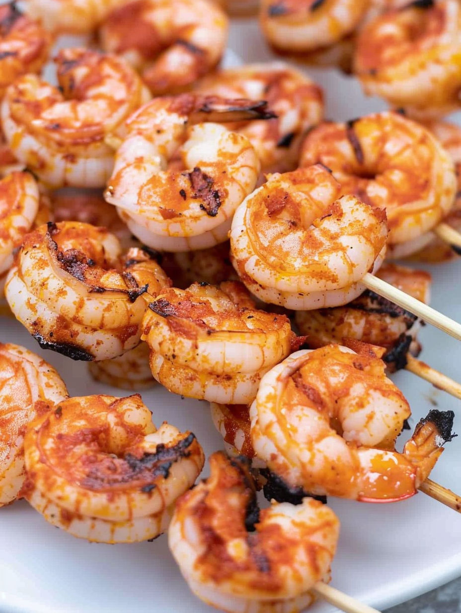 Spicy grilled shrimp skewers on a white plate.