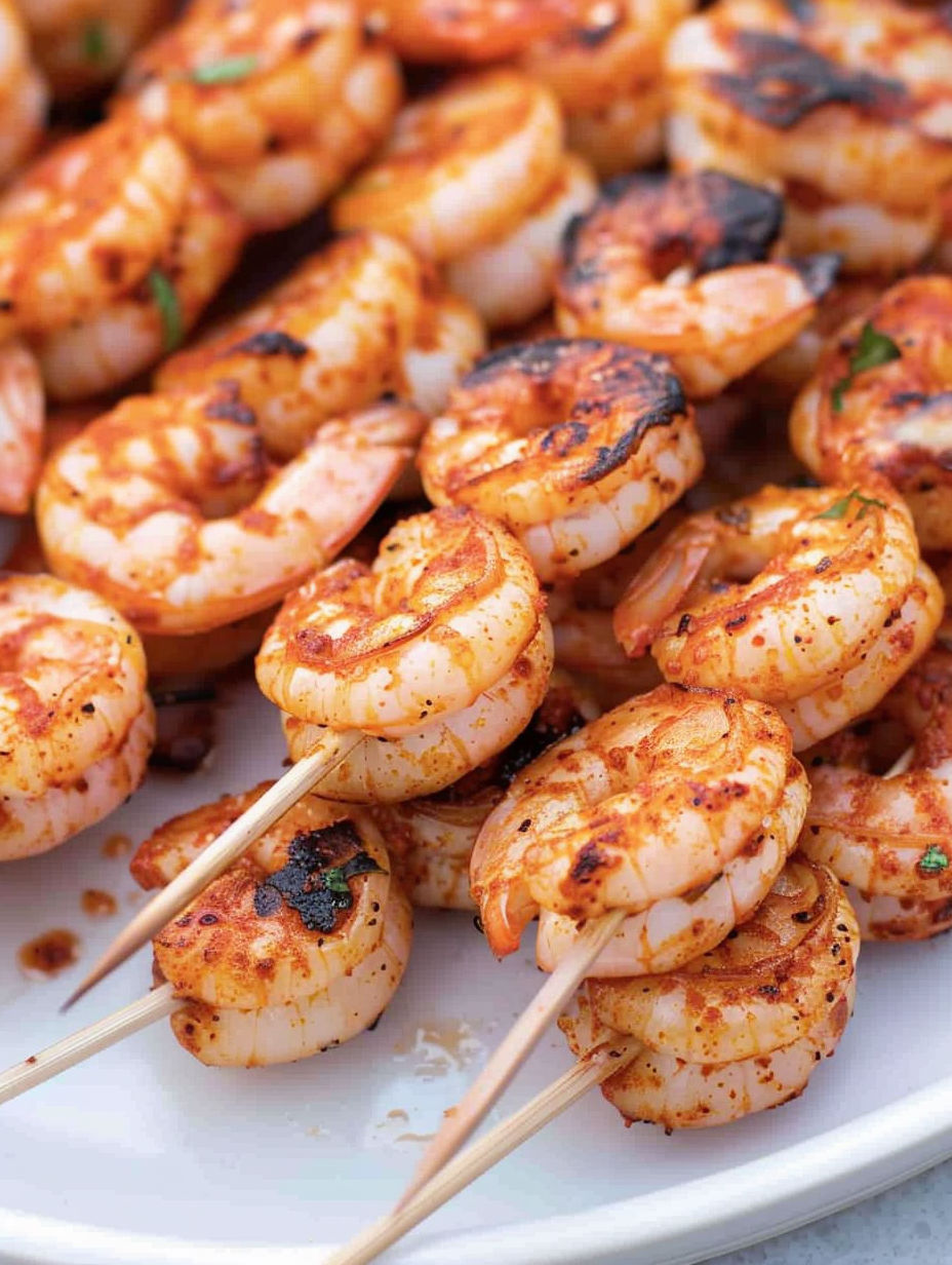 Spicy grilled shrimp skewers on a plate.