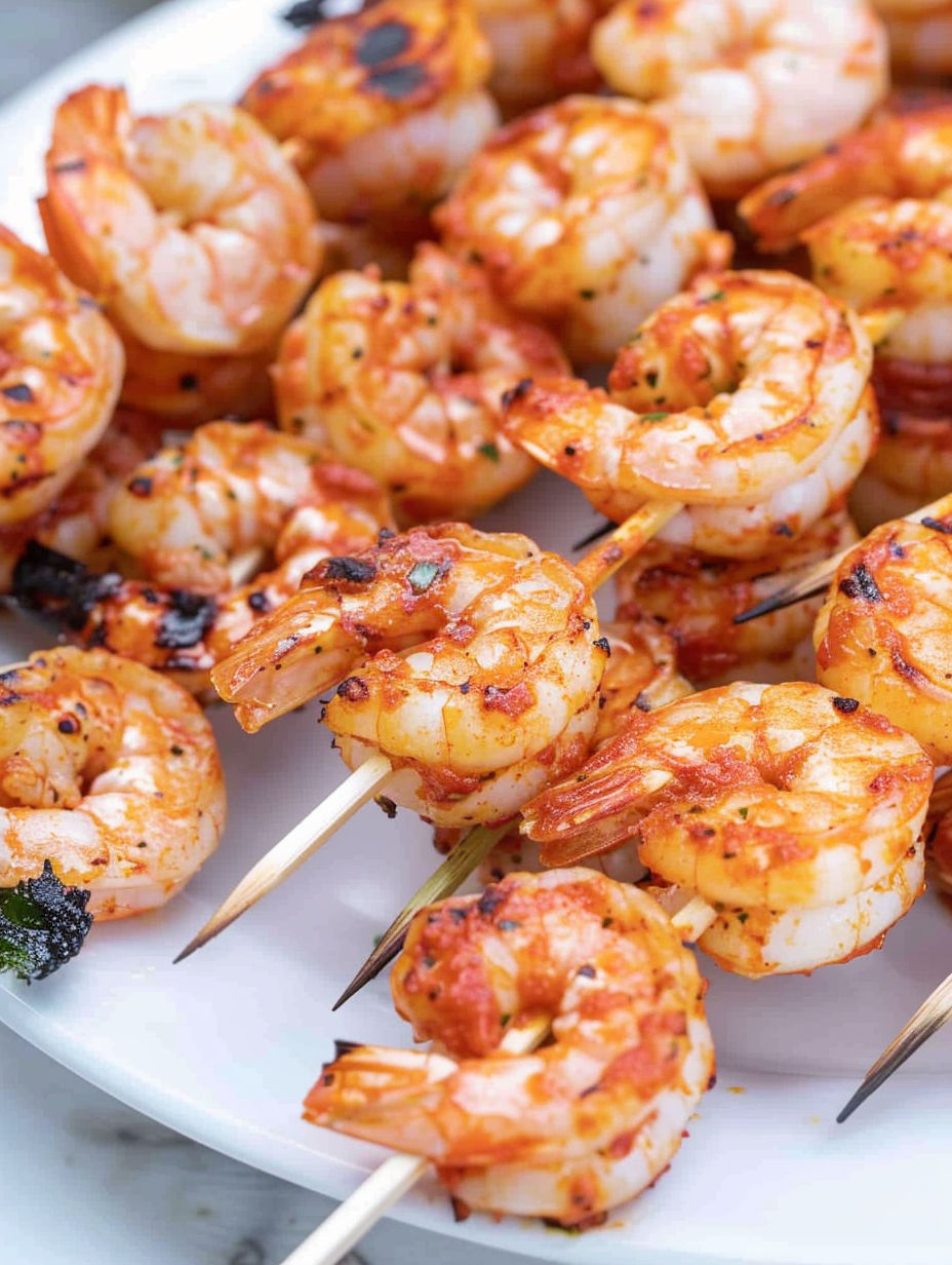 Spicy grilled shrimp skewers on a plate.