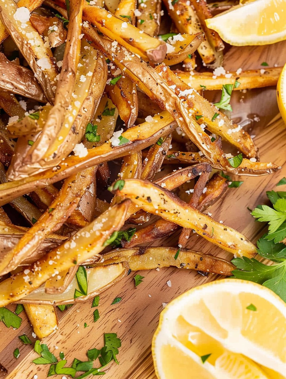 A plate of air fryer french fries with salt and pepper.