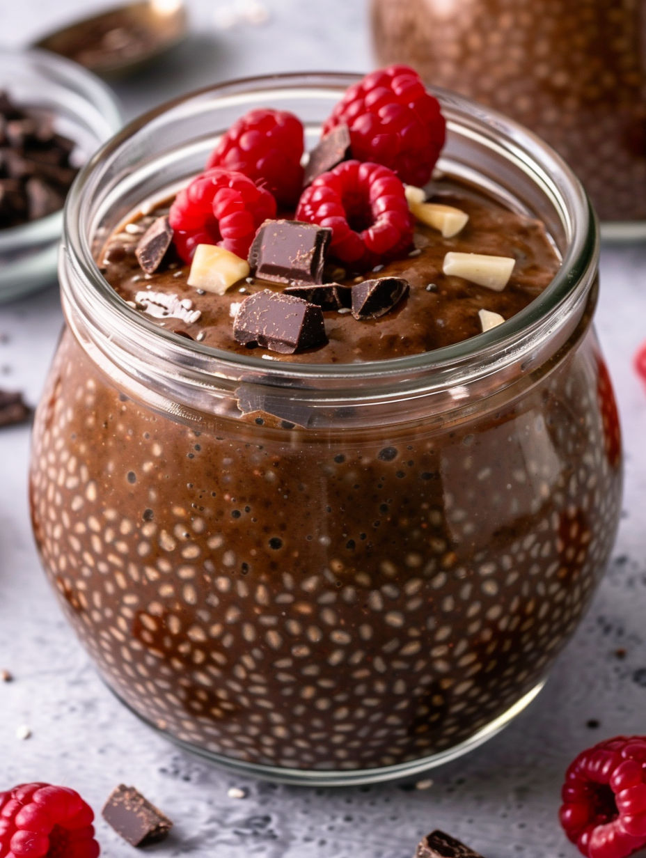 A glass of chocolate chia pudding with chia seeds and raspberries.