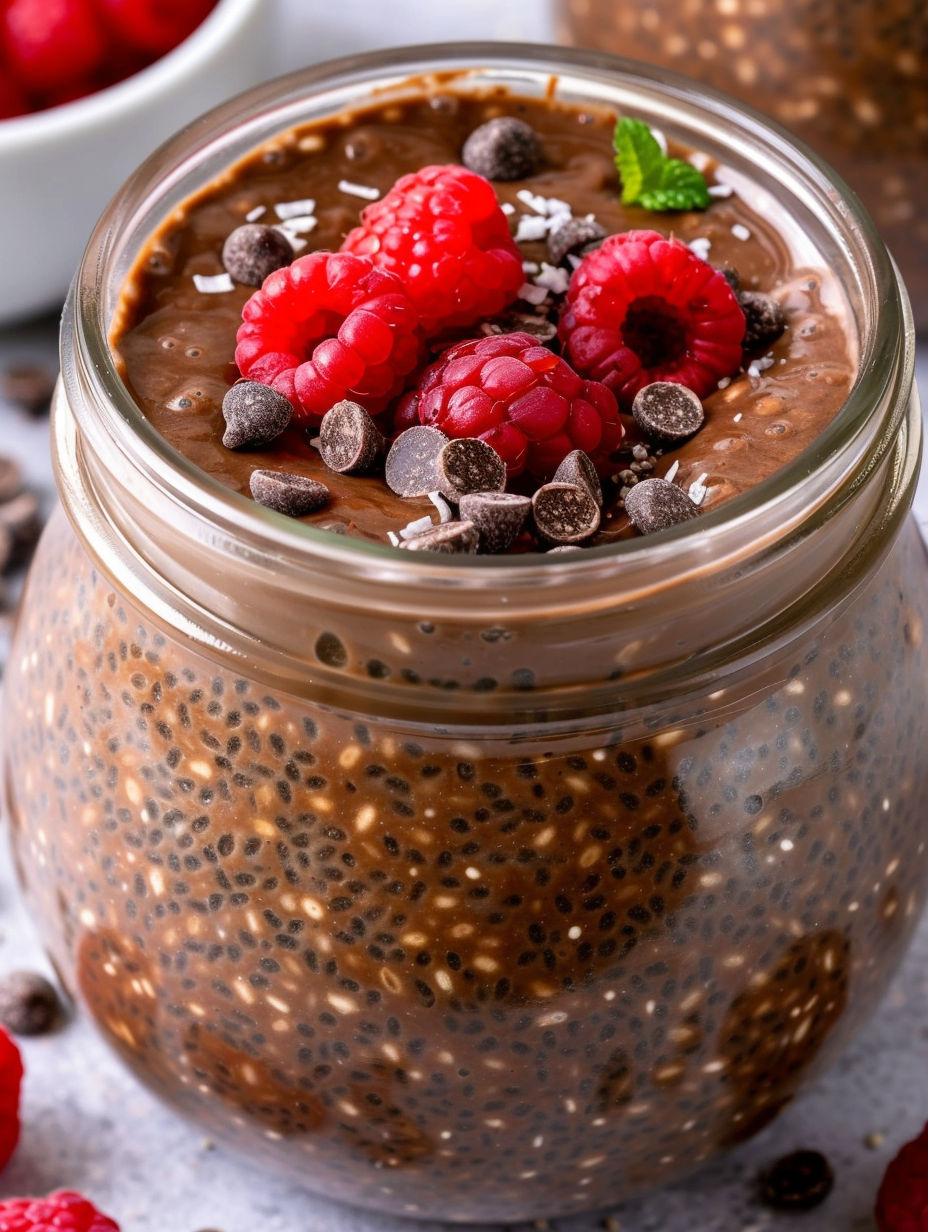 A glass jar filled with chocolate and raspberries.