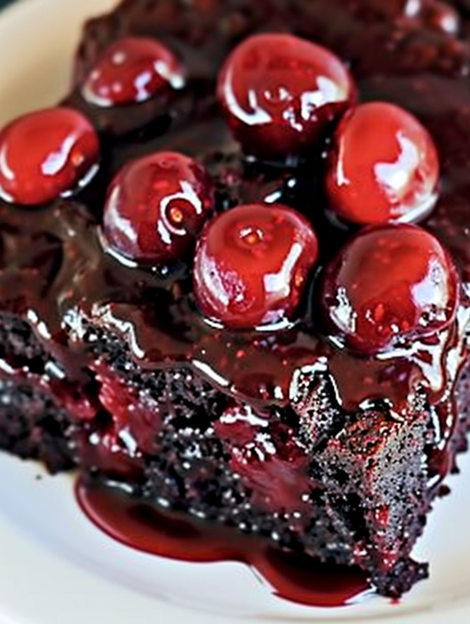 A slice of chocolate cherry upside-down cake.