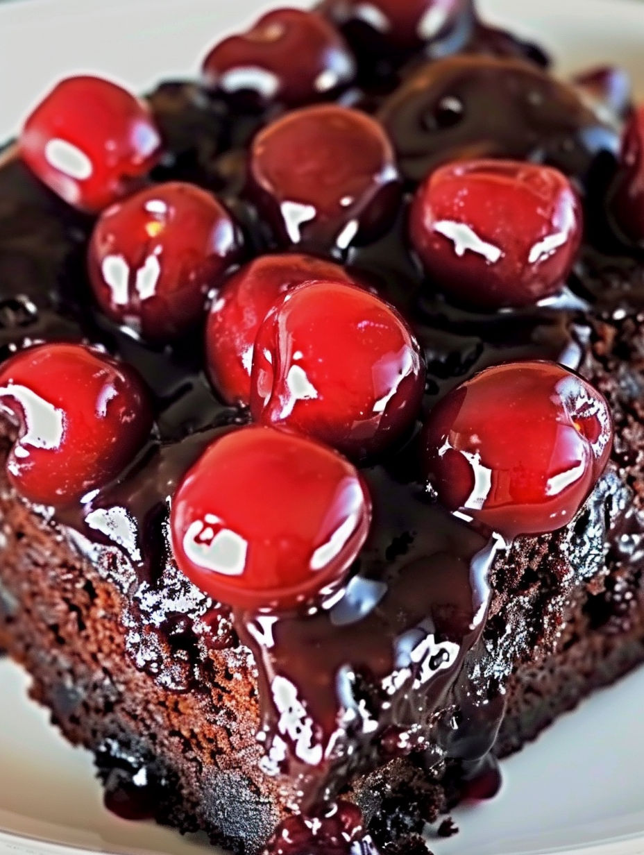 A slice of chocolate cherry upside down cake.