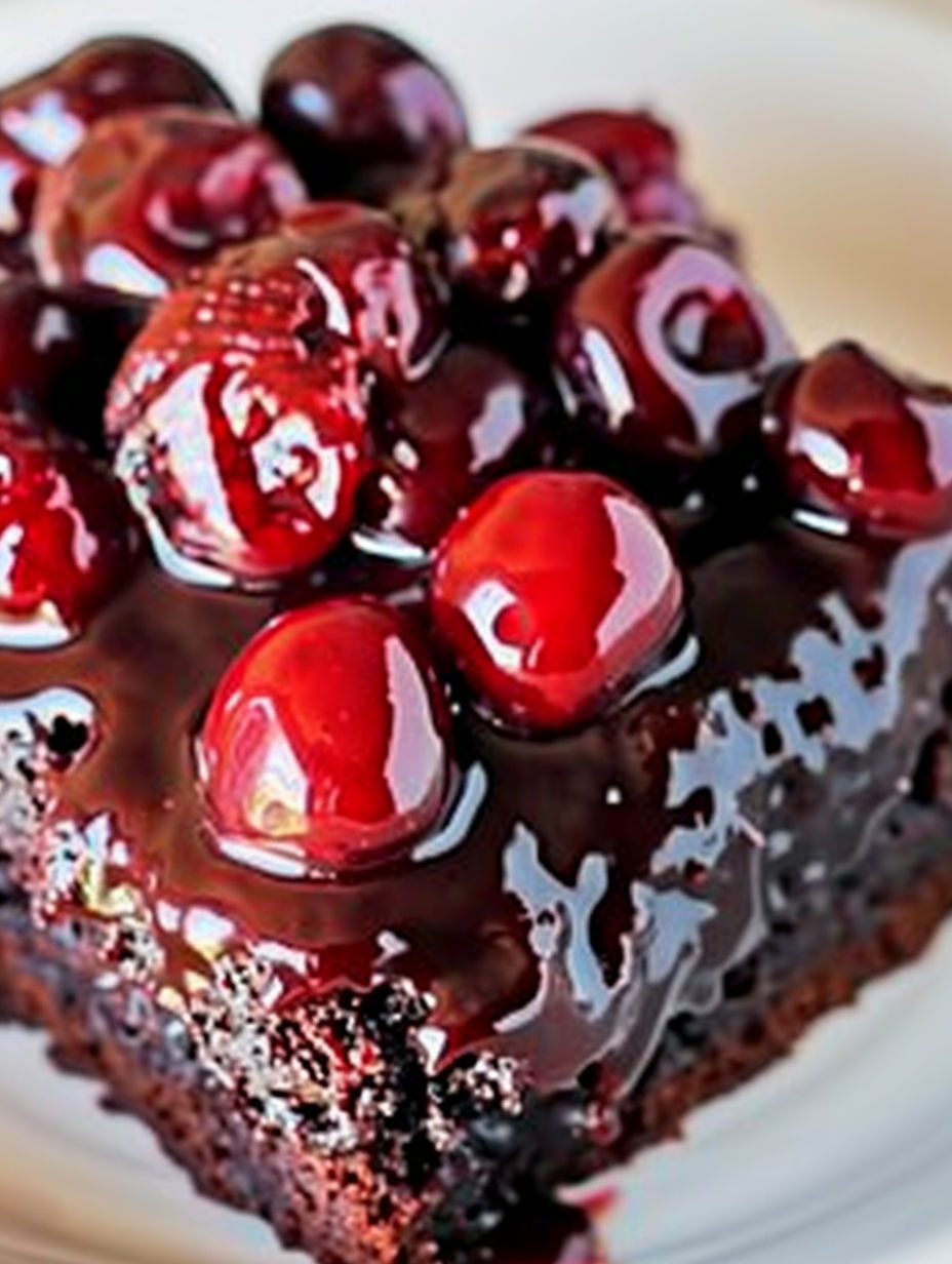 A slice of chocolate cherry upside-down cake.