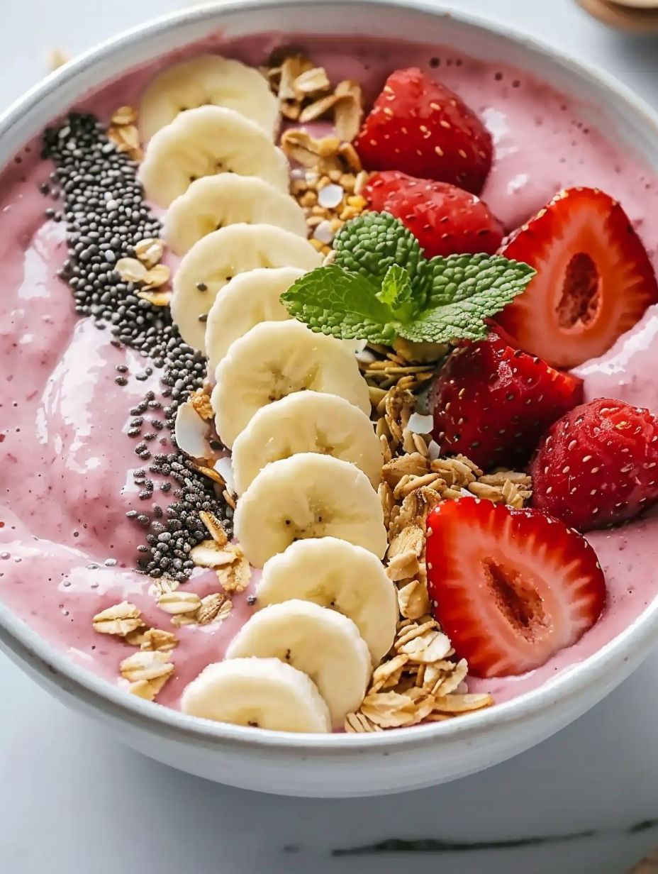A bowl of strawberry banana paradise smoothie.