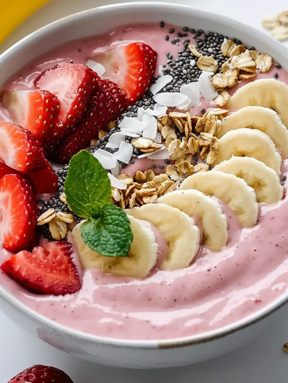 A bowl of strawberry banana paradise smoothie.
