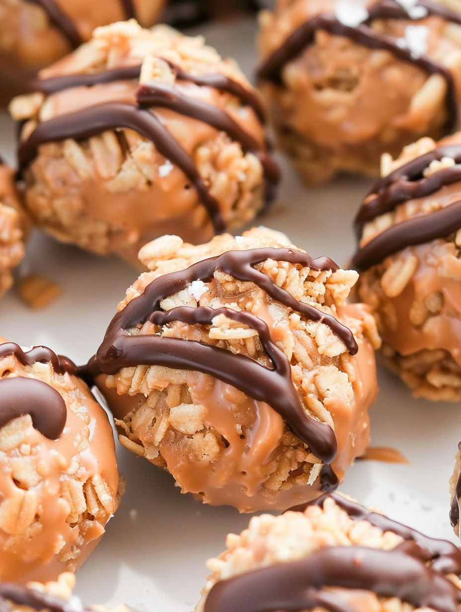Chocolate and caramel covered no bake cookies.