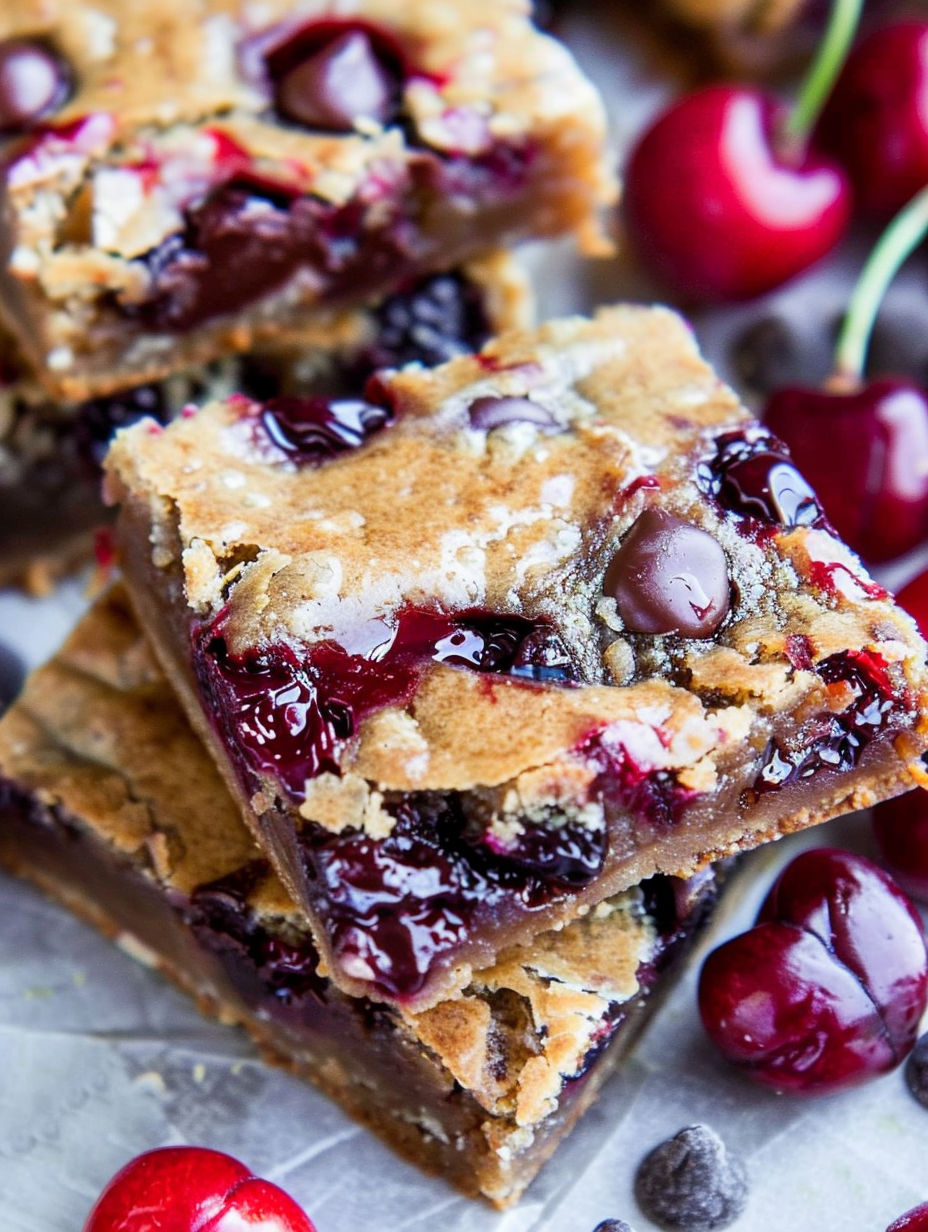 A close up of a chocolate chip cherry bar.