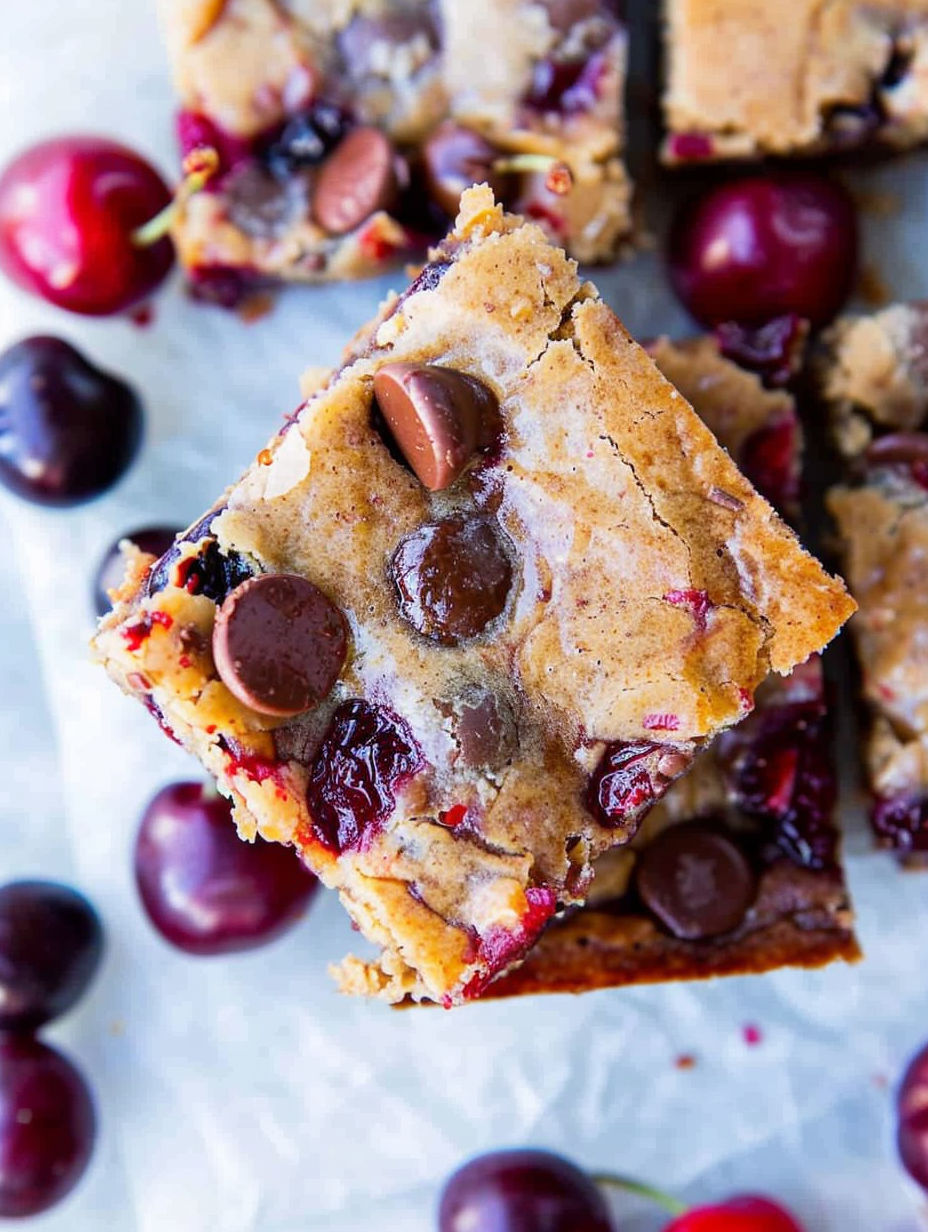 A square of chocolate chip cookie with chocolate chips on top.