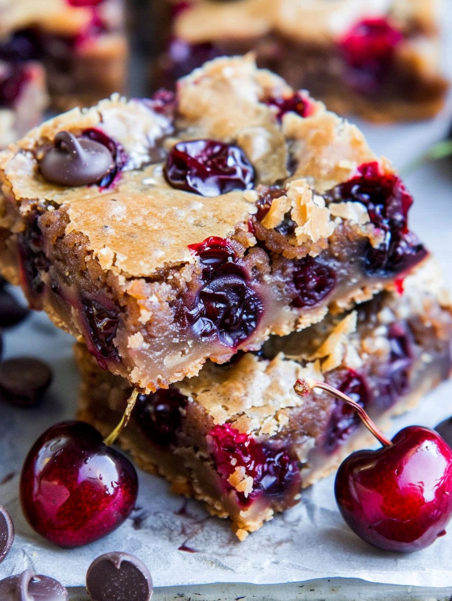 A close up of a dessert with cherries and chocolate.