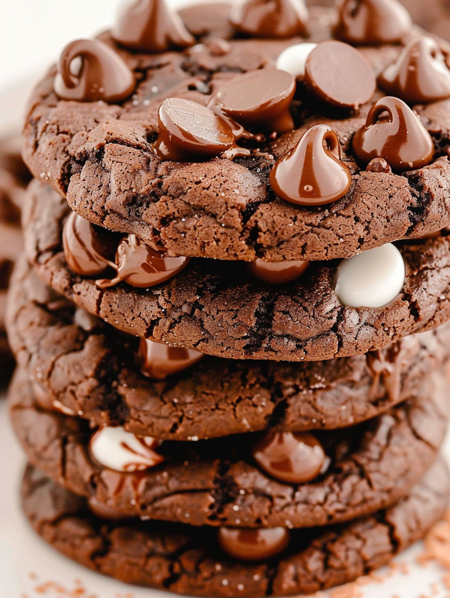 Chocolate junior mint cookies stacked on top of each other.