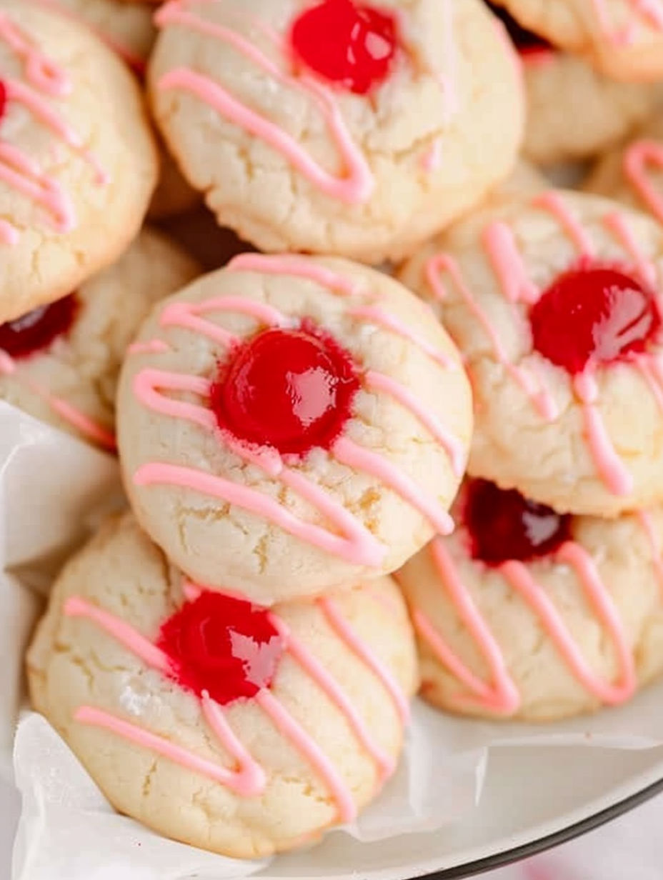 A plate of pink and white cookies with cherries on top.