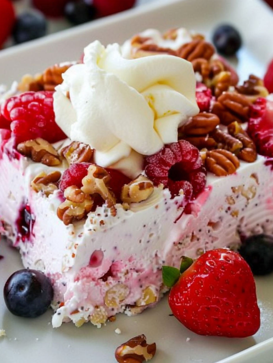 A slice of frozen berry fruit salad.