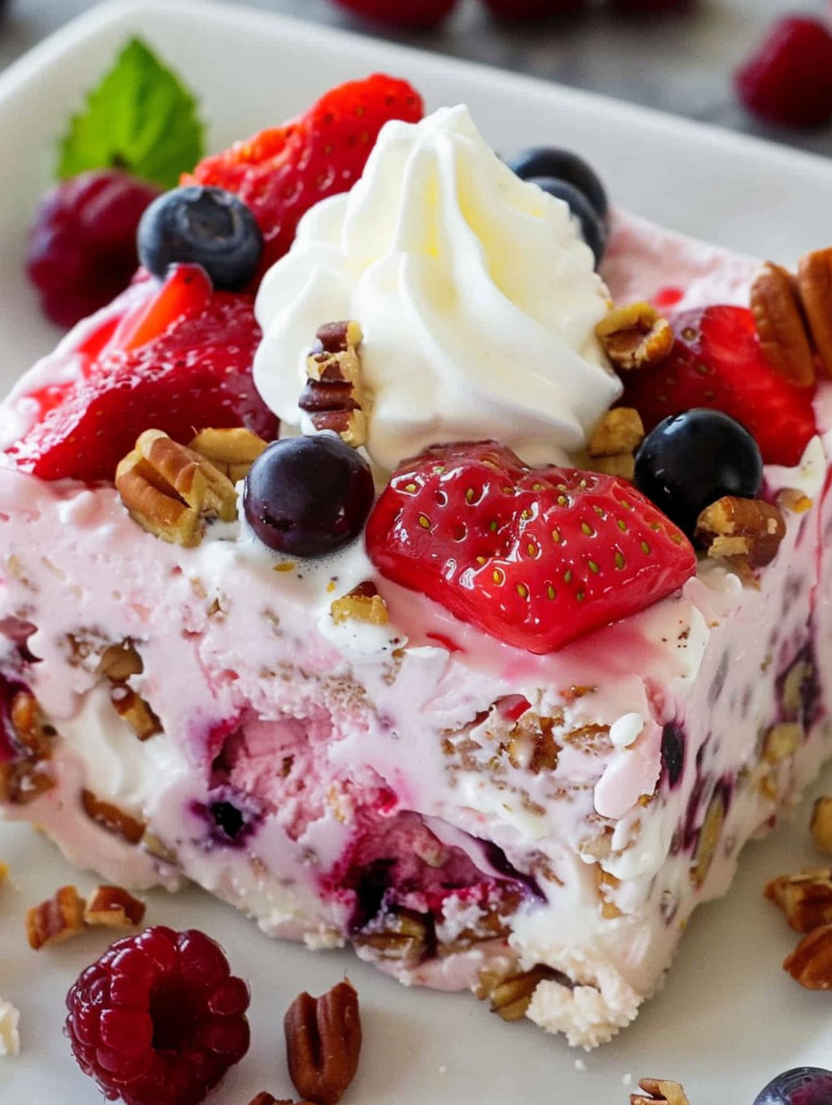 A slice of frozen berry fruit salad.