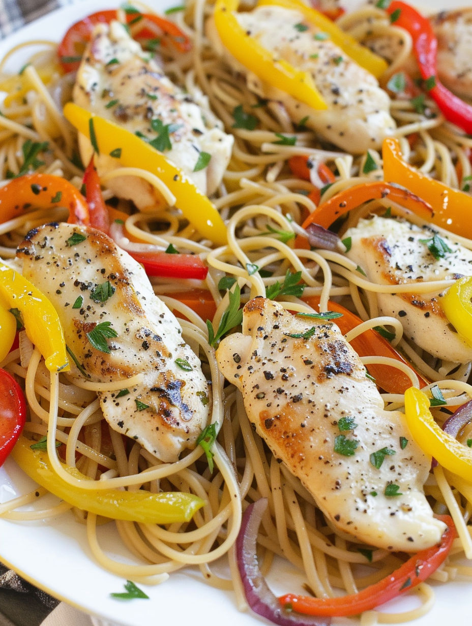 A plate of food with chicken and pasta.