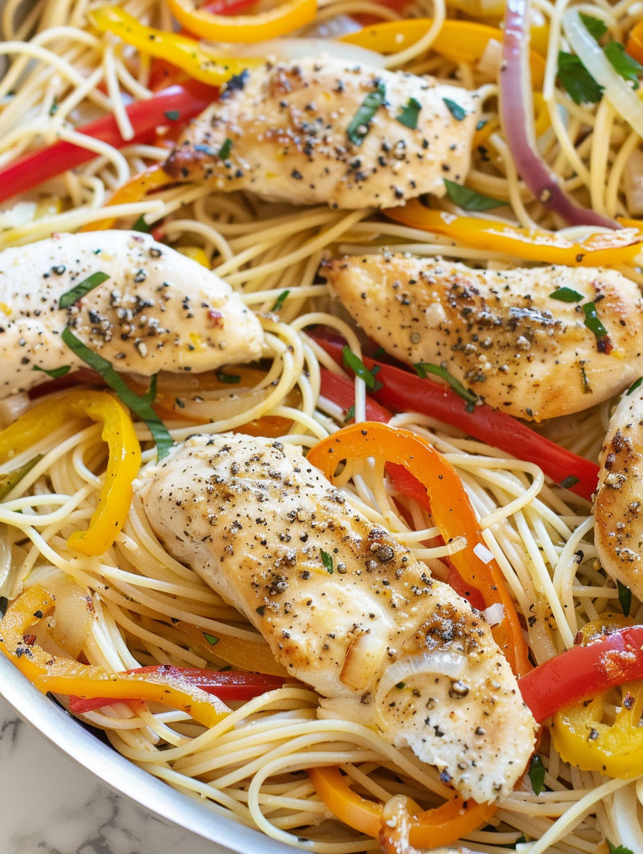 A plate of chicken scampi with peppers and spices.