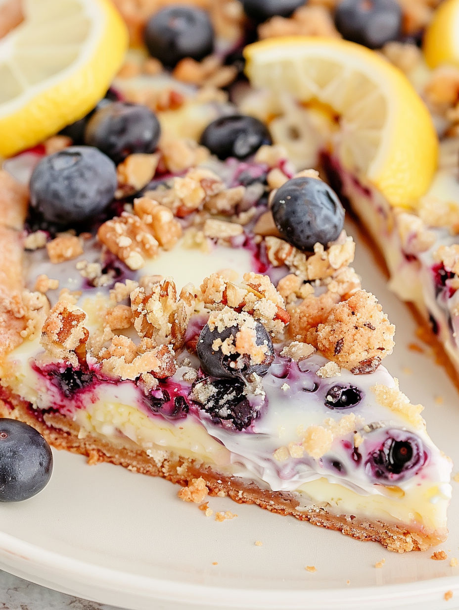 A slice of blueberry cheesecake with nuts on top.