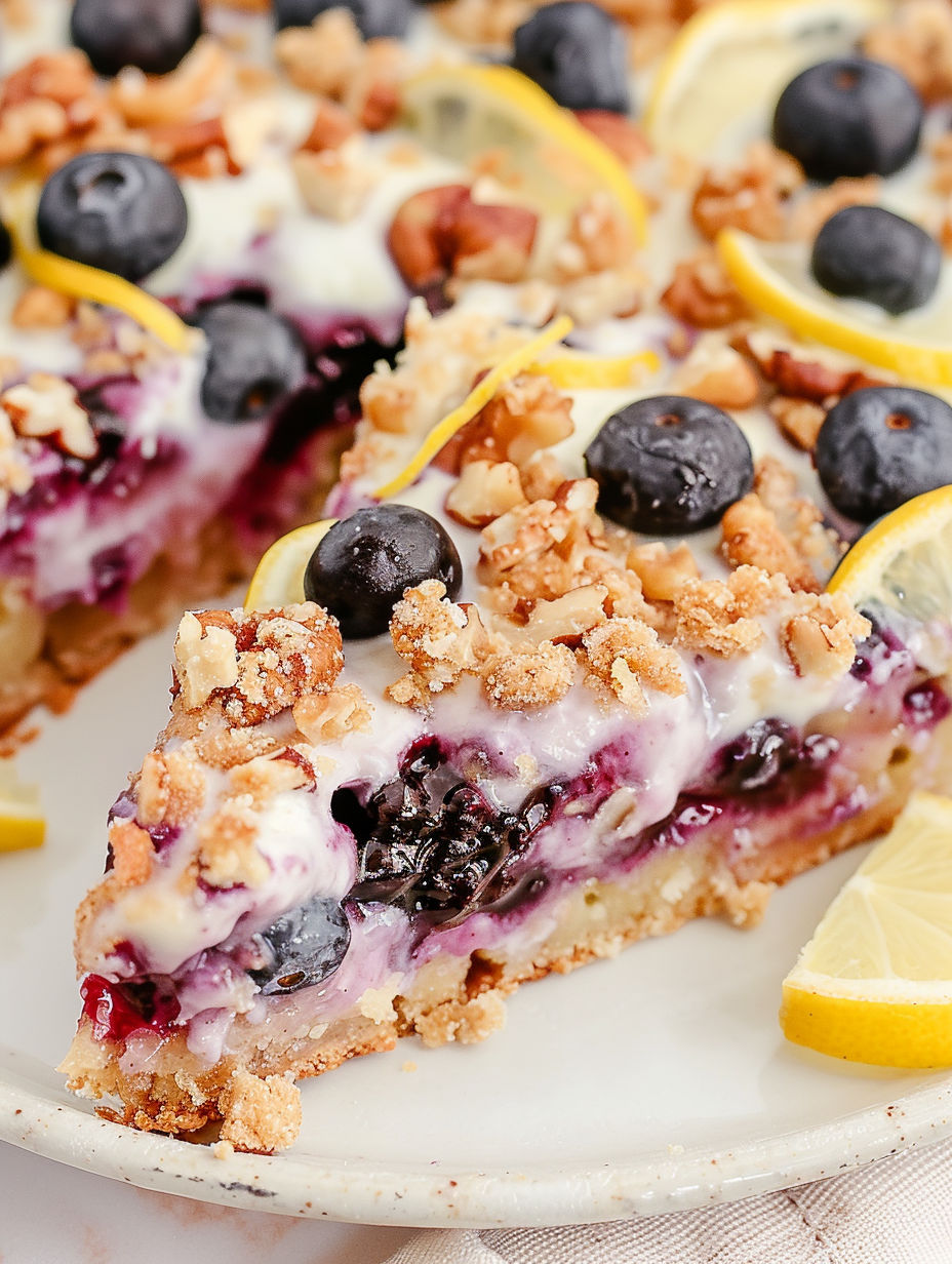 A slice of cake with blueberries and walnuts.