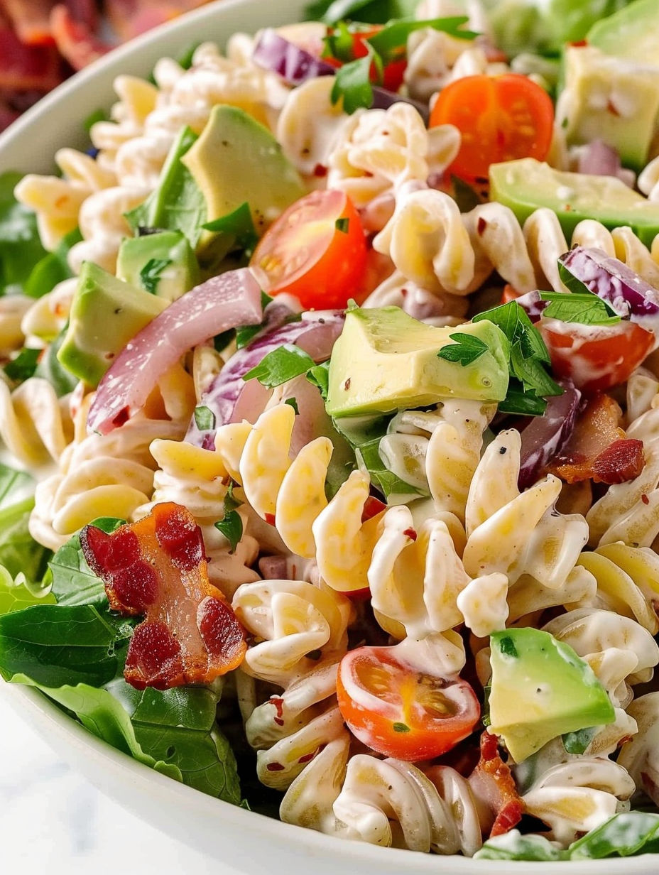 A BLT pasta salad with tomatoes, onions, and bacon.