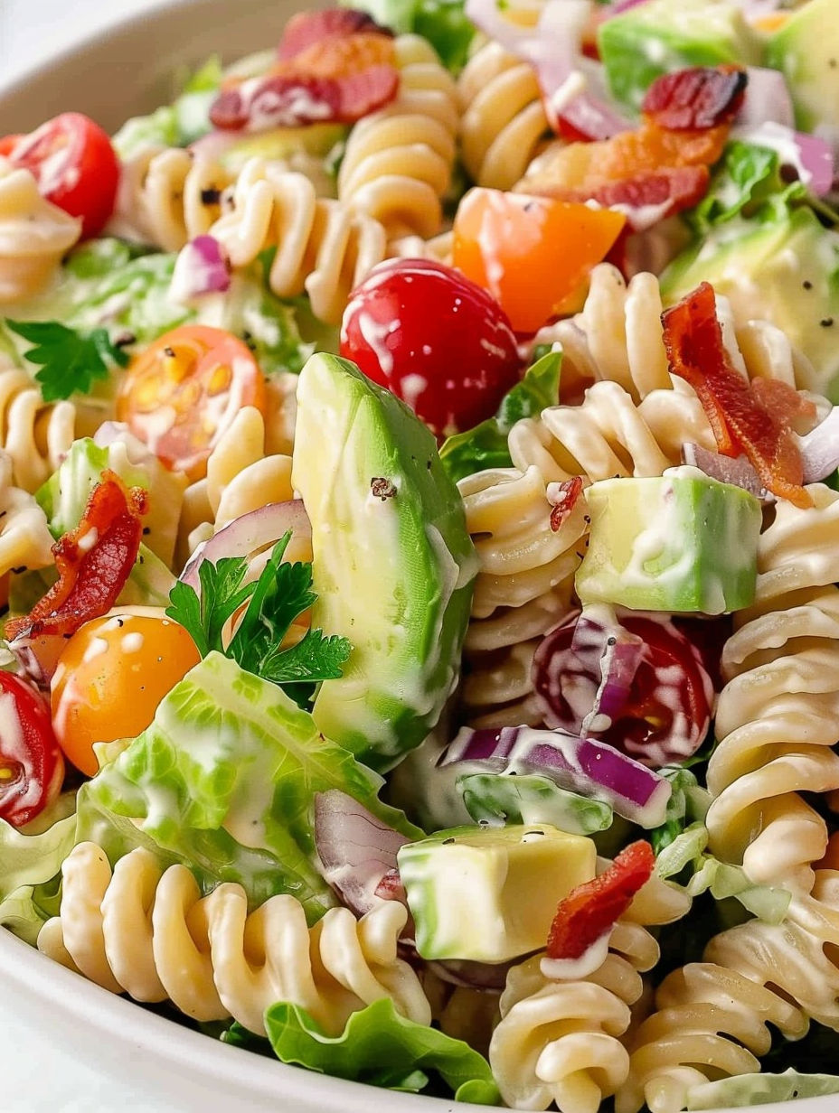 A bowl of pasta with tomatoes, avocado, and cheese.