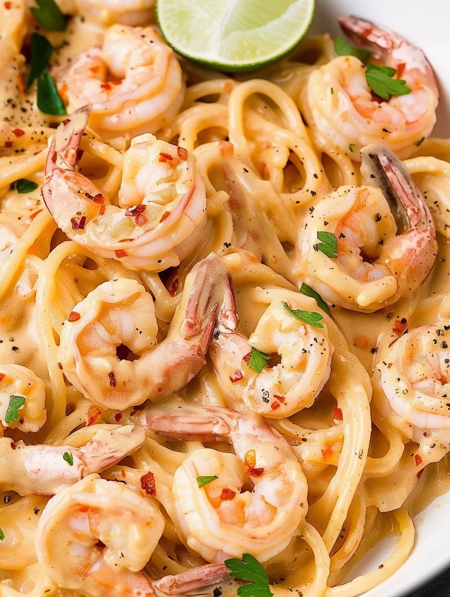 A plate of pasta with shrimp and peppers.