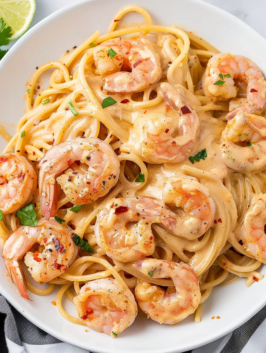 A bowl of shrimp and pasta.