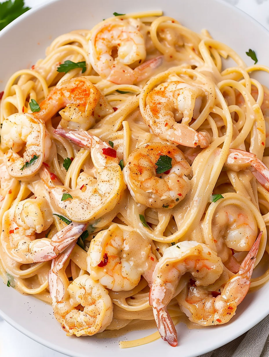A bowl of pasta with shrimp and spices.