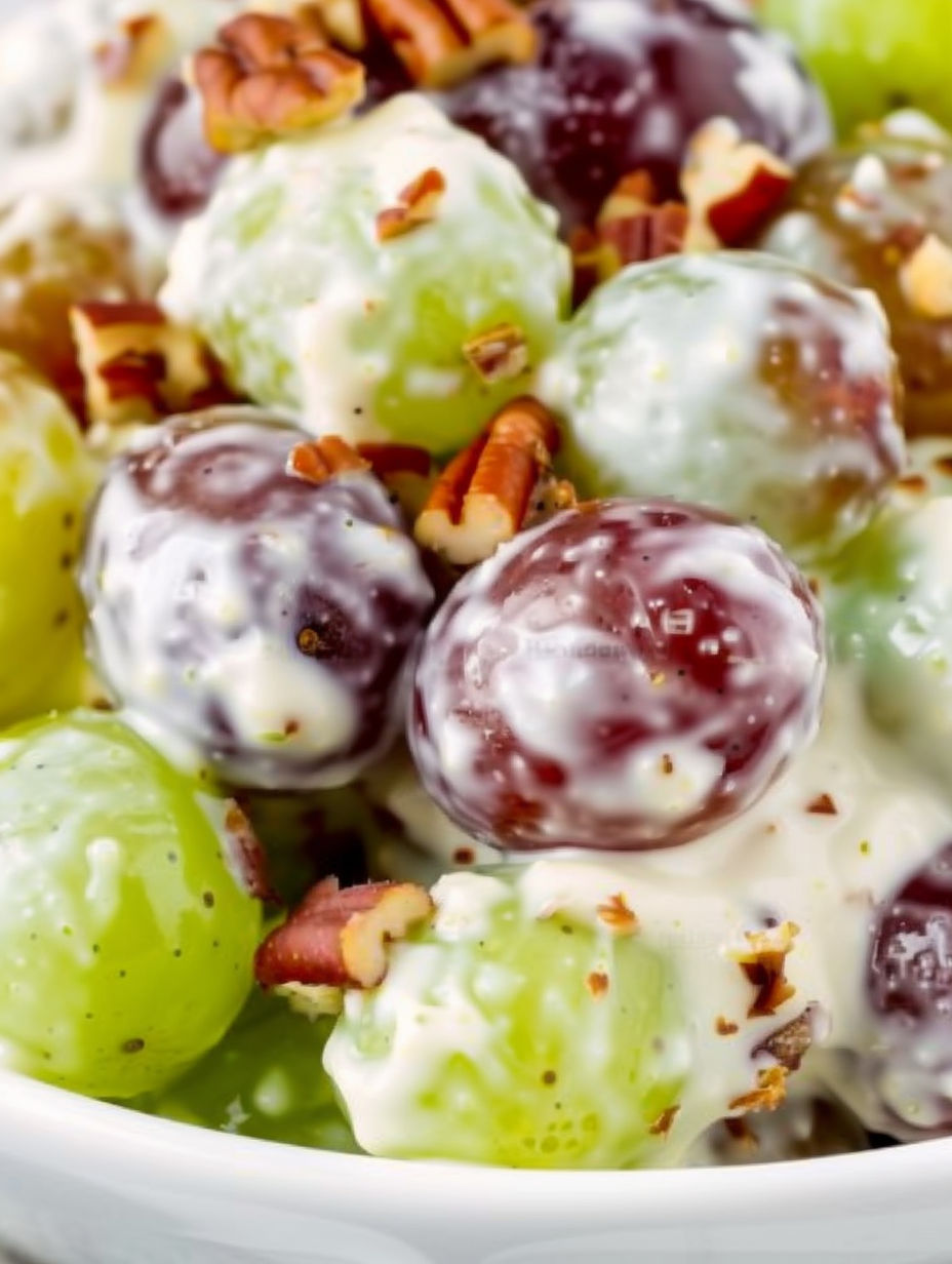A bowl of grapes with nuts and cream.