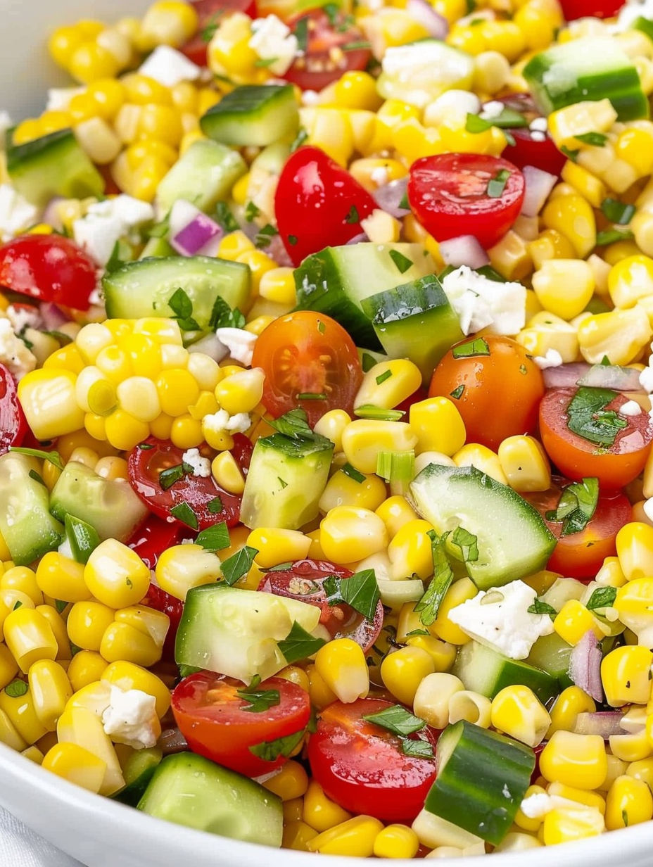 A close up of a salad with corn, tomatoes, cucumbers, and feta cheese.