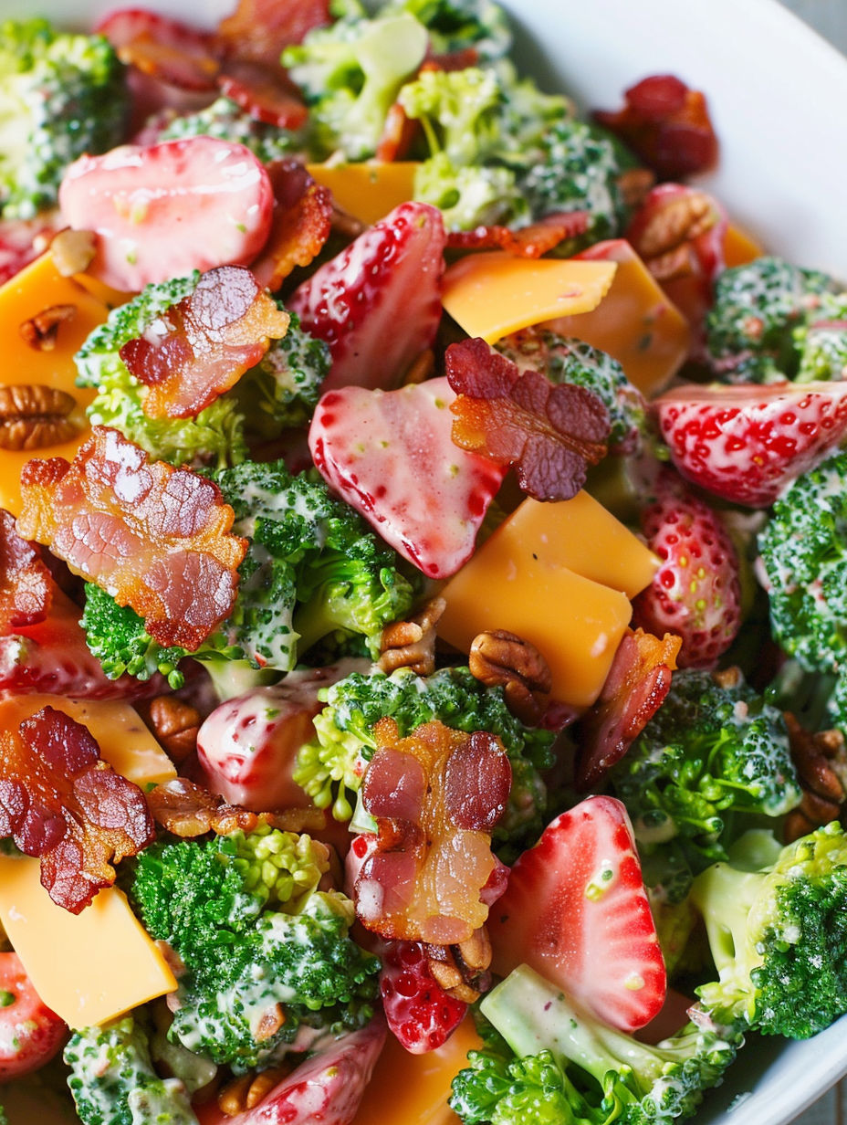 A close up of a salad with bacon, strawberries, and cheese.