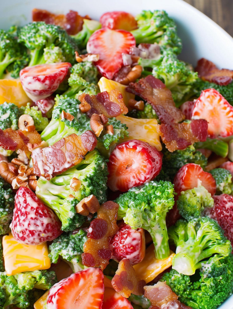 A close up of a salad with broccoli, strawberries, bacon and cheddar cheese.