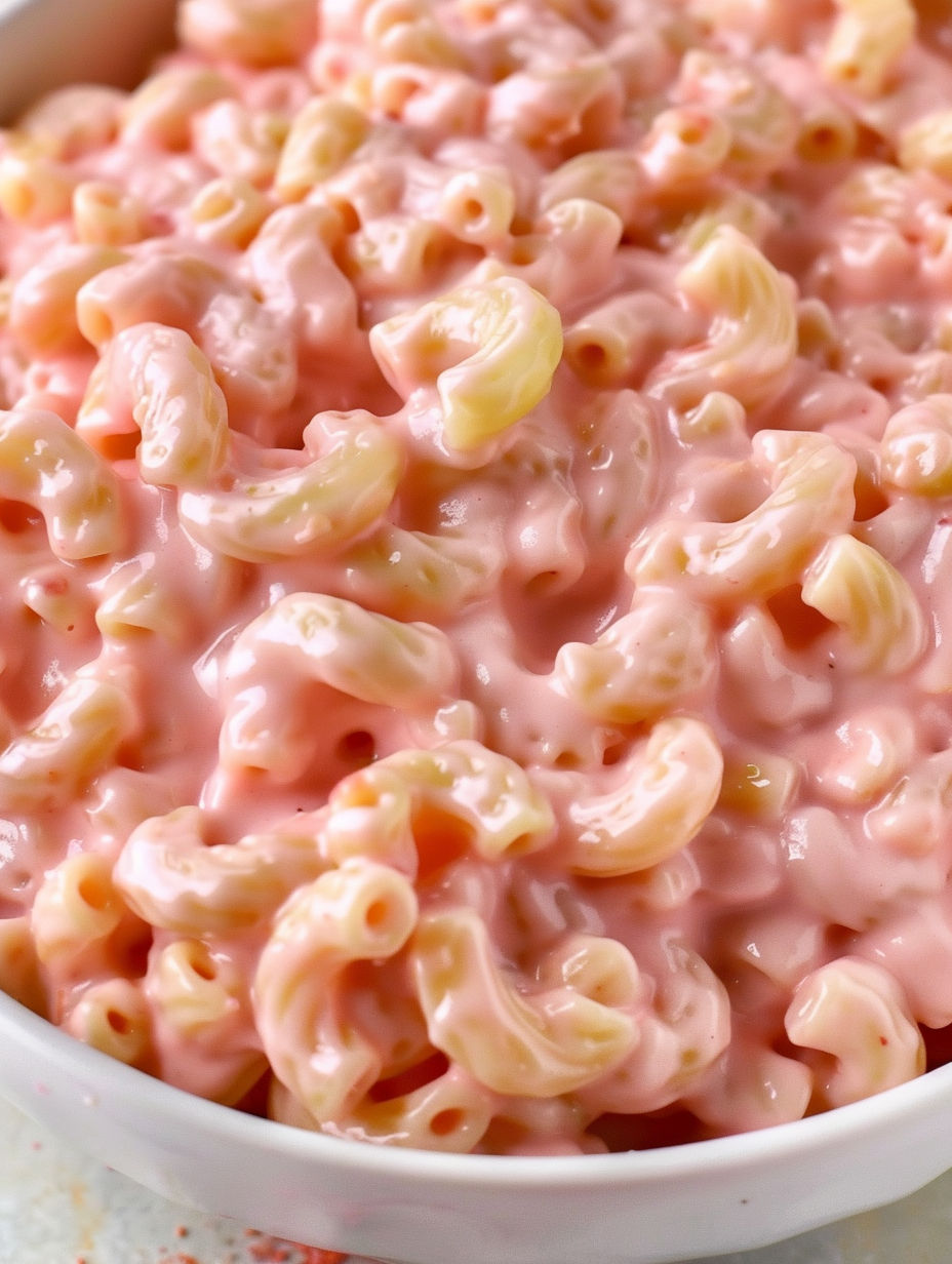 A bowl of pink mac and cheese.