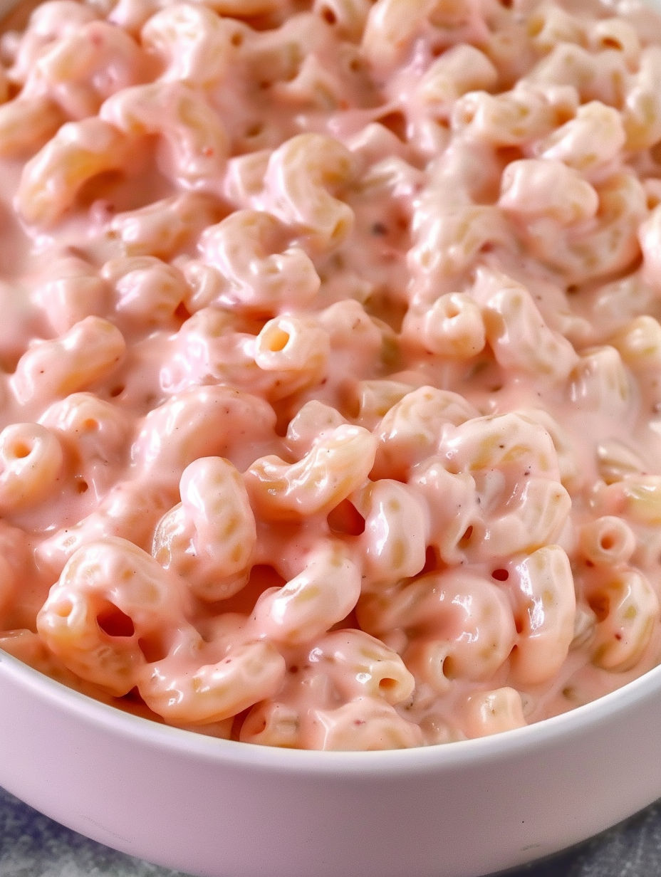 A bowl of pink mac and cheese.