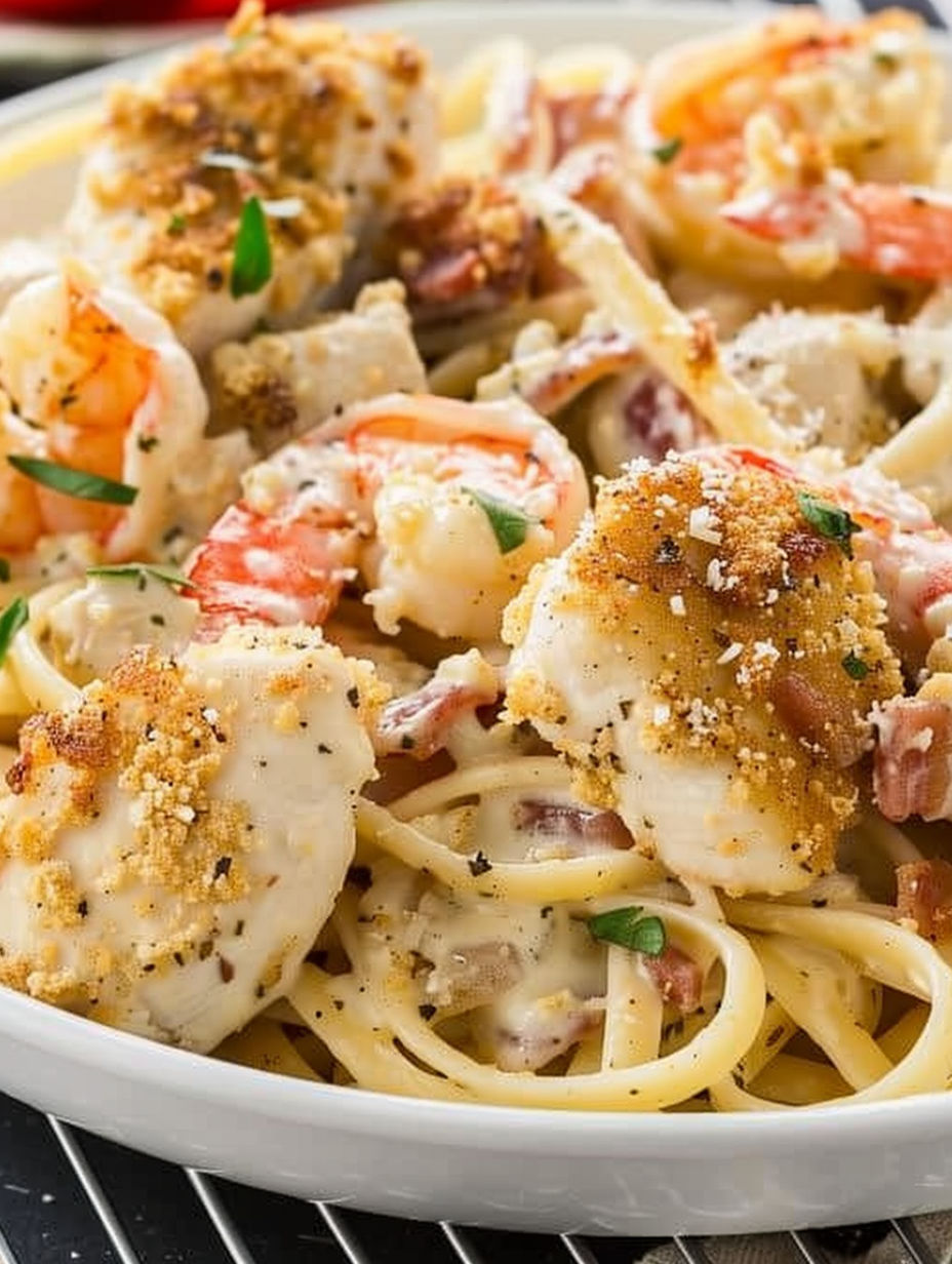 A plate of chicken and shrimp carbonara.
