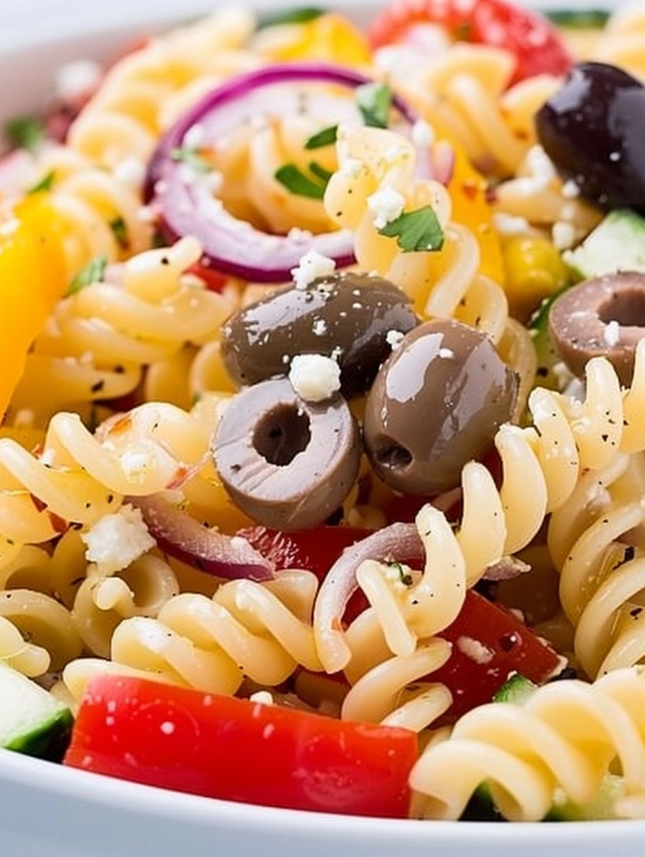 A bowl of pasta with olives, tomatoes, and onions.