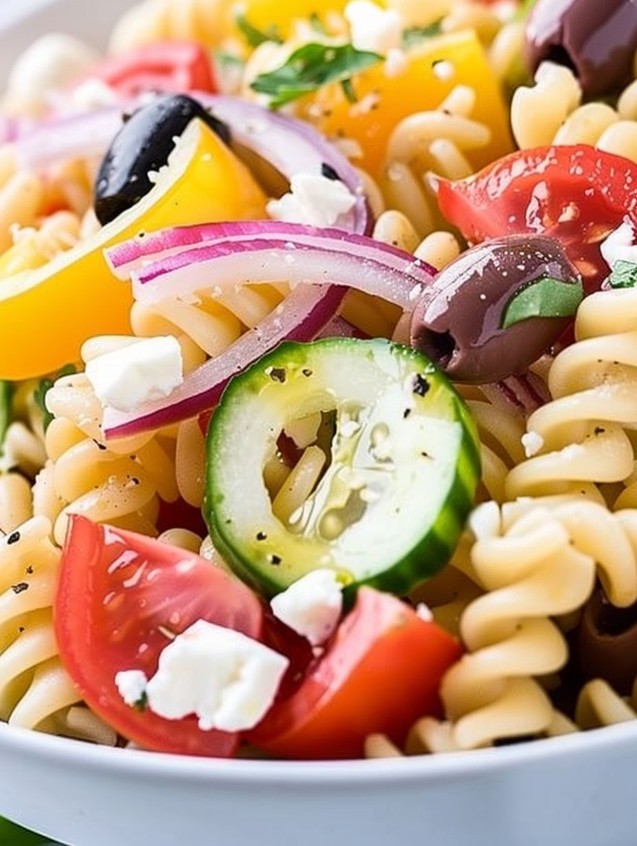 A bowl of pasta salad with tomatoes, cucumbers, olives, and feta cheese.