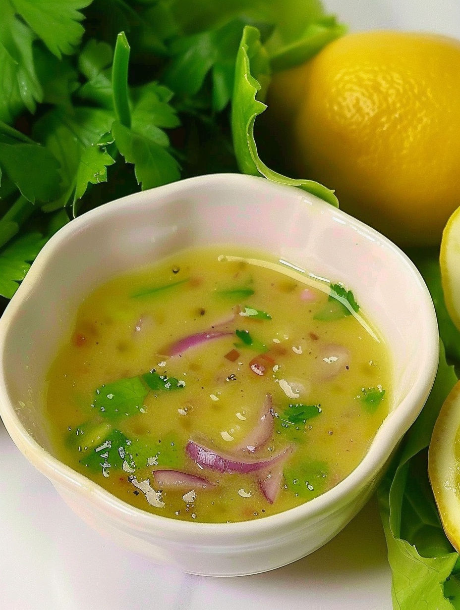 A bowl of lemon vinaigrette with a lemon on top.
