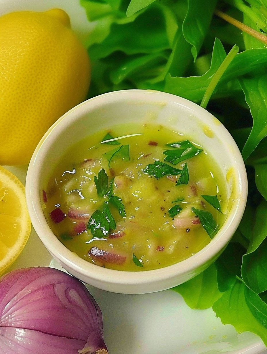 A bowl of soup with a lemon wedge on top.