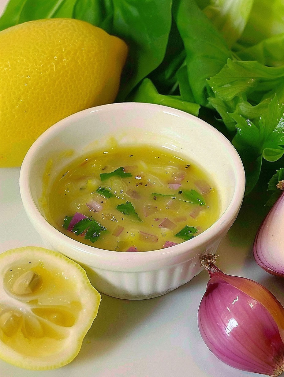 A bowl of yellow sauce with onions and lemon.