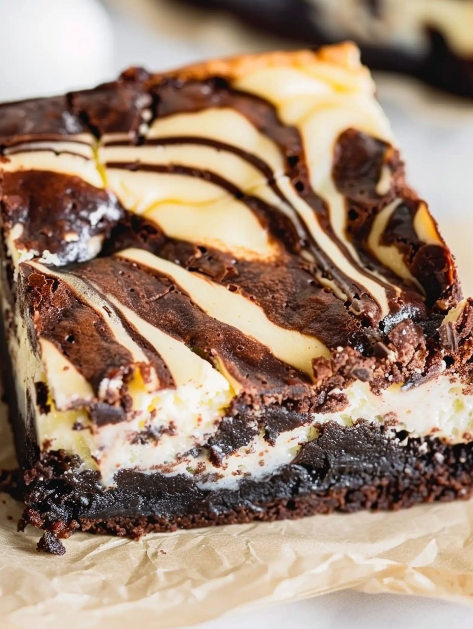 A slice of chocolate cheesecake brownie.