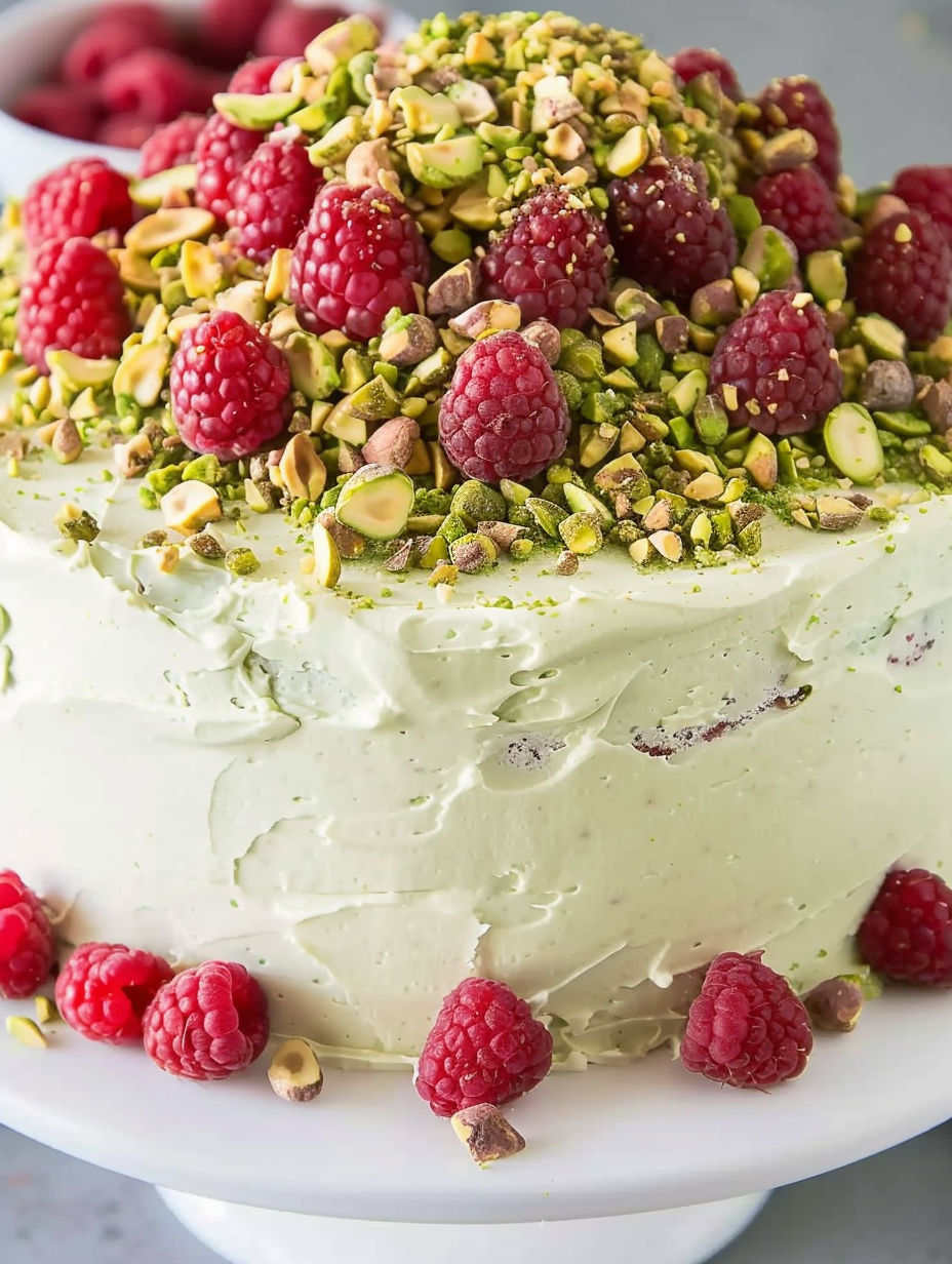 A close up of a Raspberry Pistachio Cake.