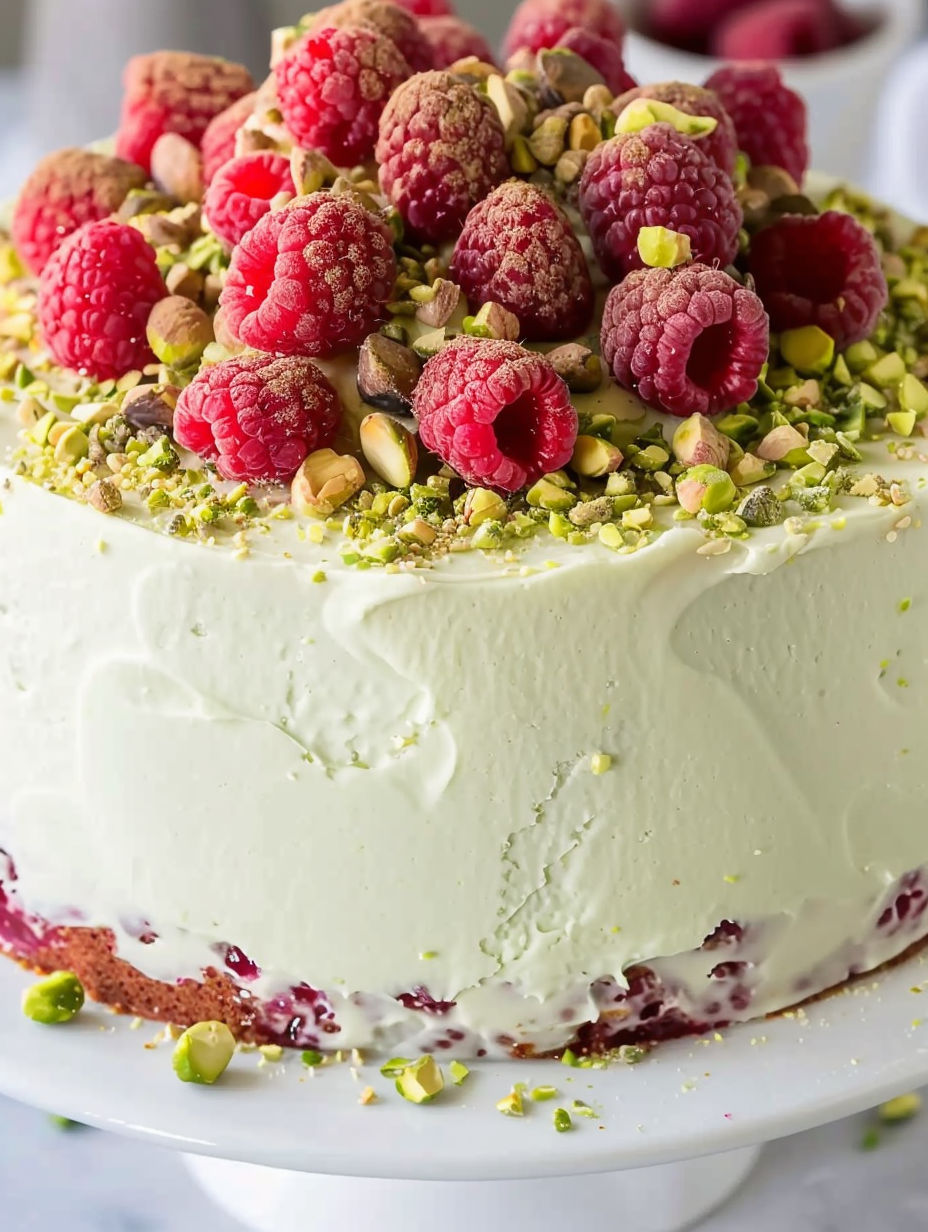 A slice of a Raspberry Pistachio Cake.